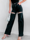 Jeans mit Strassdetails und Used-Look, gerade geschnitten