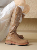 Brown embroidered back zipper long boots