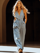 Salopette casual retrò grigio-blu in denim Tencel con tasche