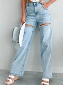Jeans mit Strassdetails und Used-Look, gerade geschnitten