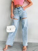 Jeans mit Strassdetails und Used-Look, gerade geschnitten