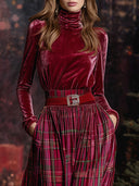 Conjunto festivo retro de falda de cuadros y suéter de terciopelo rojo con cuello alto