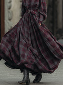 Retro elegante maxi-jurk met ruitpatroon, lantaarnmouwen en ceintuur