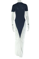 Ruched Black-White Cutout Bodycon Maxi Dress