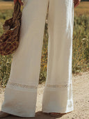 Dame hvid linned ærmeløs seler jumpsuit med knapper og blonde-design