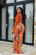 Warmer Ton Gepunktetes Langarm Maxikleid