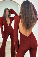 Sort skinnende rygfri jumpsuit