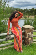 Warmer Ton Gepunktetes Langarm Maxikleid