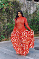 Vibrant Red Sheer Floral Maxi Dress