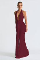 Abito lungo sirena con scollo a V profondo e spalline halter