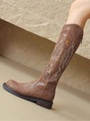 Brown embroidered back zipper long boots