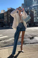 3D Güllü Denim Mini Etek