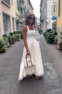 Abito Maxi Bianco Boho con Frange e Tasche