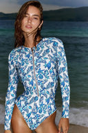 Set costume da bagno surf floreale verde con zip frontale