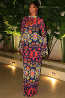 Indigo Retro Allık Desenli Maxi Elbise