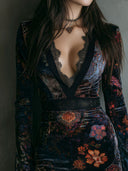 Boho bloemenprint V-hals fluwelen bodycon mini-jurk met kanten rand