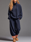 Afslappet marineblå fleece med halv lynlås sweatshirt og bukser sports sæt