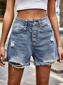 Knappet Rippet Opbukket Denim Shorts