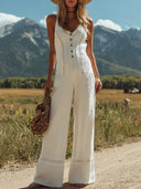 Tuta donna bianca in lino senza maniche con bretelle e bottoni, design in pizzo