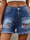 Jeansshorts mit Knopfleiste, Used-Look und ausgefranstem Saum