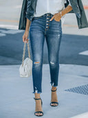 Rekbare Ripped Enkelhoge Jeans met Knopen