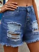 Jeansshorts mit Knopfleiste, Used-Look und ausgefranstem Saum