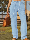 Ayarlanabilir İpli Yıkanmış Denim Kargo Pantolon