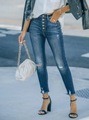 Rekbare Ripped Enkelhoge Jeans met Knopen