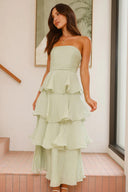 Vestito midi sexy chic senza spalline, schiena scoperta e a balze
