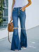 Jeanshose mit hohem Bund, Rissen und Knopfleiste, ausgestellter Schnitt
