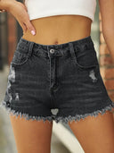 Pantaloni scurți din denim elastic cu tiv destrămat și rupturi