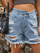 Asymmetriske Slidte Frynset Denim Shorts