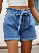 High-Waist Denim-Shorts mit Kordelzug und Schleife