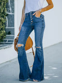 Jeanshose mit hohem Bund, Rissen und Knopfleiste, ausgestellter Schnitt
