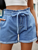 High-Waist Denim-Shorts mit Kordelzug und Schleife