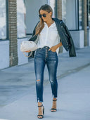 Rekbare Ripped Enkelhoge Jeans met Knopen
