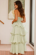 Vestito midi sexy chic senza spalline, schiena scoperta e a balze