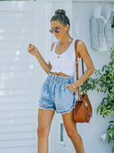 Fransige Spitzen Denim Elastischer Bund Shorts