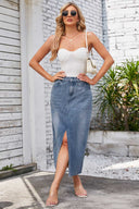 Gonna midi in denim con vita elasticizzata effetto lavato