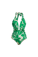 Costume intero verde con scollo profondo a V e spalline all'americana