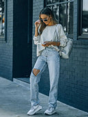 Trendy asymmetrische distressed spijkerbroek