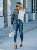 Rekbare Ripped Enkelhoge Jeans met Knopen