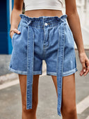 High-Waist Denim-Shorts mit Kordelzug und Schleife