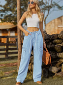 Ayarlanabilir İpli Yıkanmış Denim Kargo Pantolon
