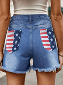 Shorts di jeans con bottoni effetto usurato e stampa bandiera