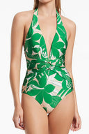 Costume intero verde con scollo profondo a V e spalline all'americana