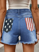 Shorts di jeans con bottoni effetto usurato e stampa bandiera