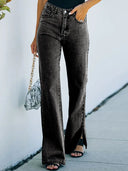 Yıkanmış Yırtmaçlı Denim Pantolon
