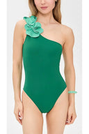 Costume da bagno verde monospalla con fiori 3D