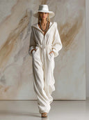 Casual løs moderne hvid kordfløjls jumpsuit med hætte, frontlynlås og lange ærmer